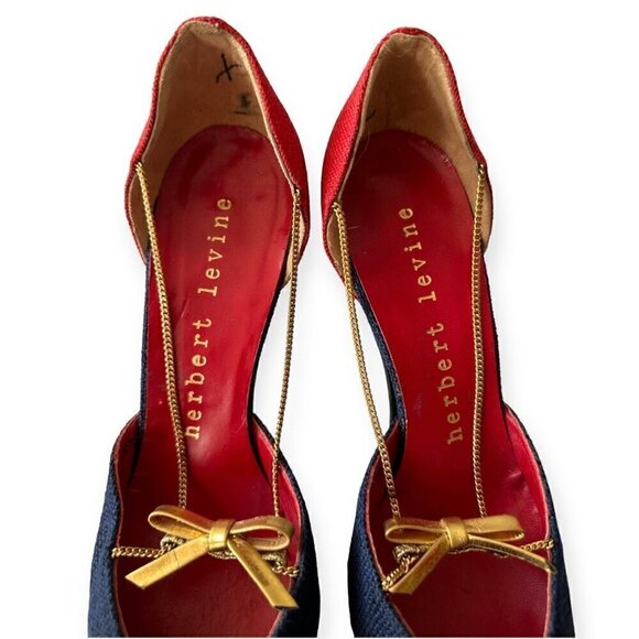Vintage Herbert Levine Red & Navy D'Orsey Pumps with Gold Chain & bow trim, 7.5B - Picture 9 of 16